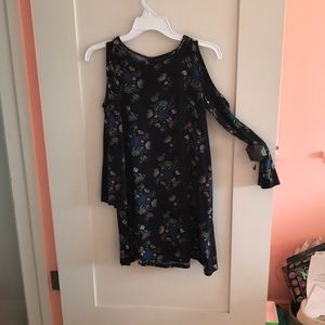 Black dress with colorful flowers.